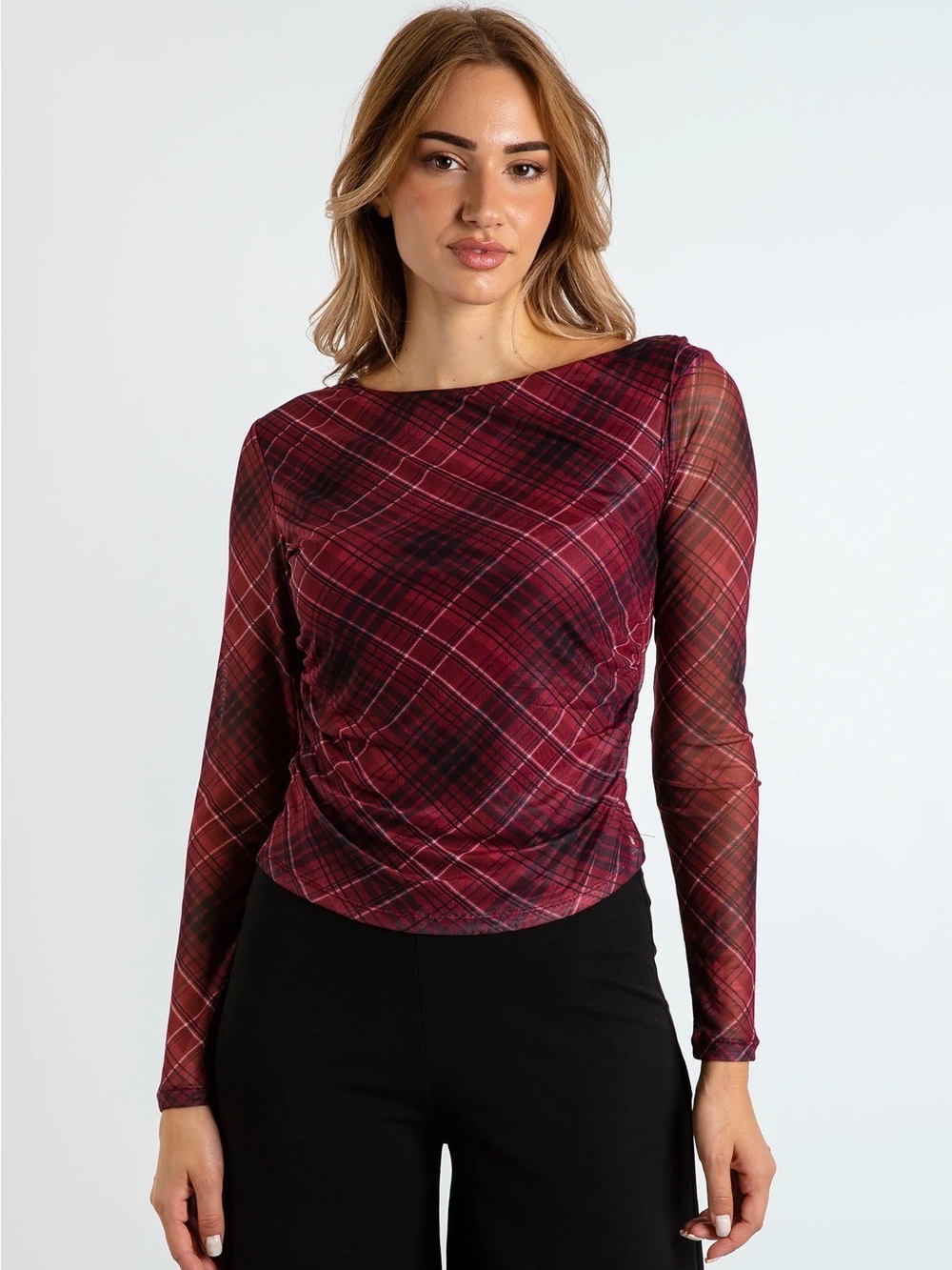 NWOT Rachel Zoe Burgundy Plaid Long-Sleeve Mesh Top